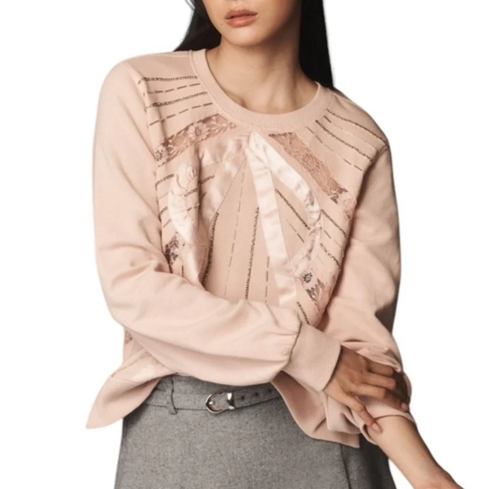 Anthropologie Beaded Bow Dusty Blush Pink Sweater Sweatshirt‎ Small
